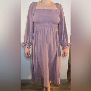 Square-Neck Smocked Midi Dress in Dusty Mauve